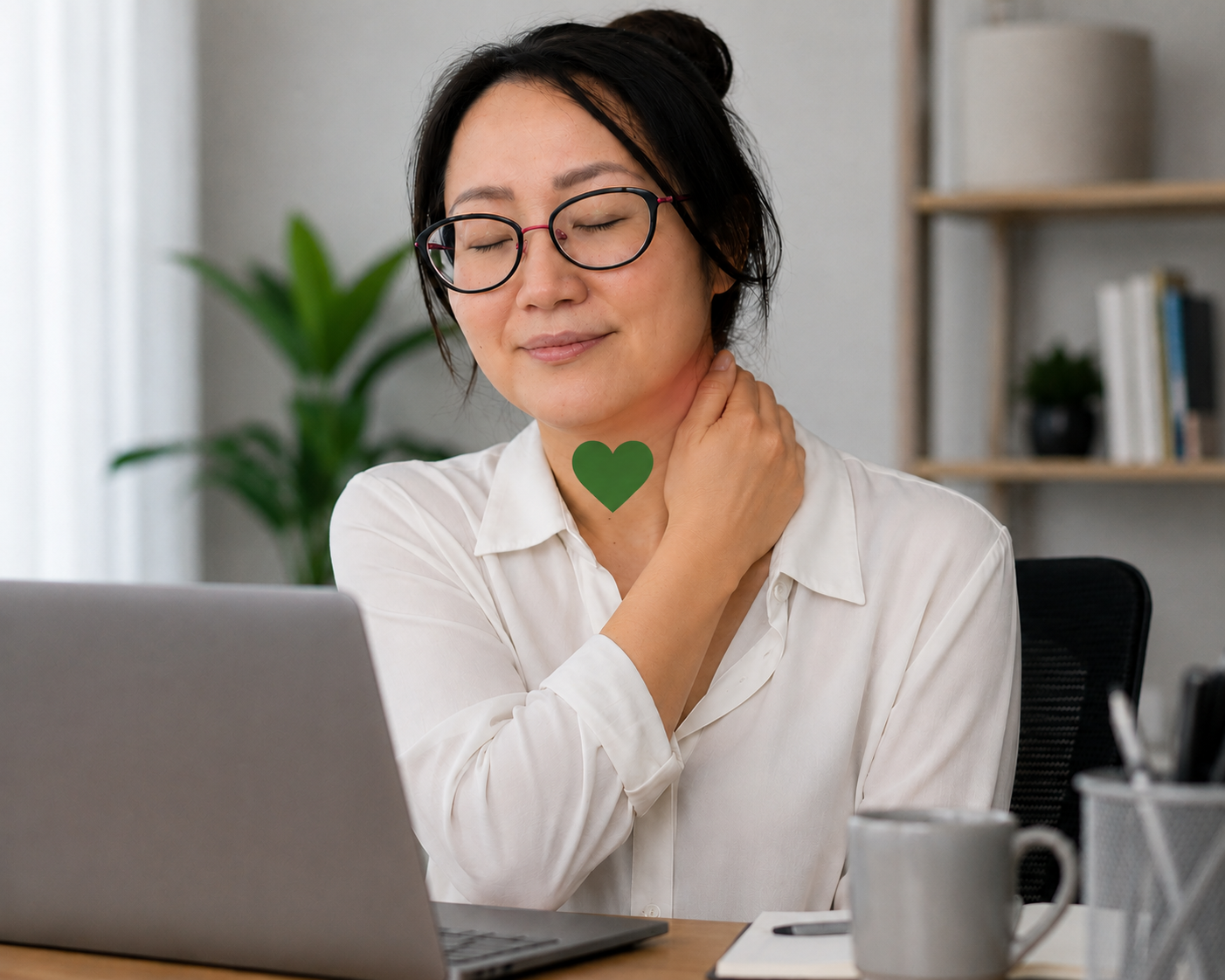 Woman experiencing neck pain while working at a computer